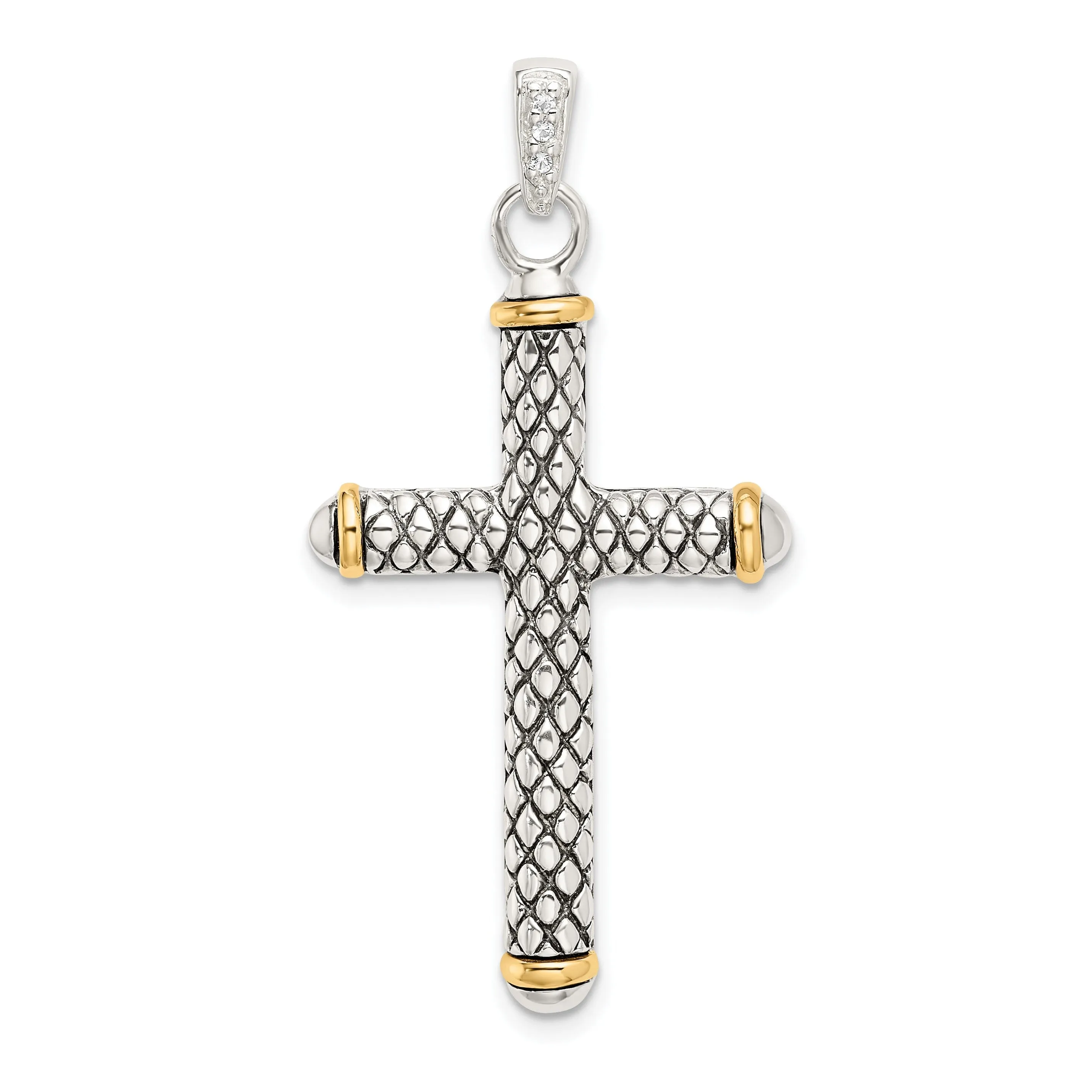 14k Two-tone Gold Topaz On Bail Antiqued Cross Pendant