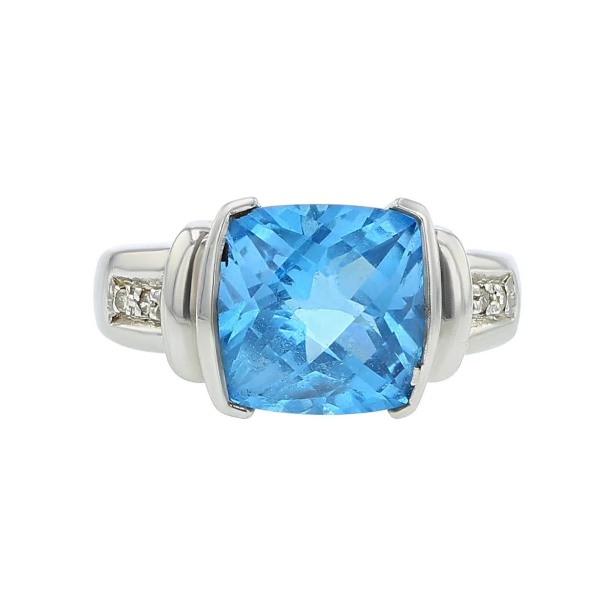 14K White Gold Cushion Checkerboard Blue Topaz Ring