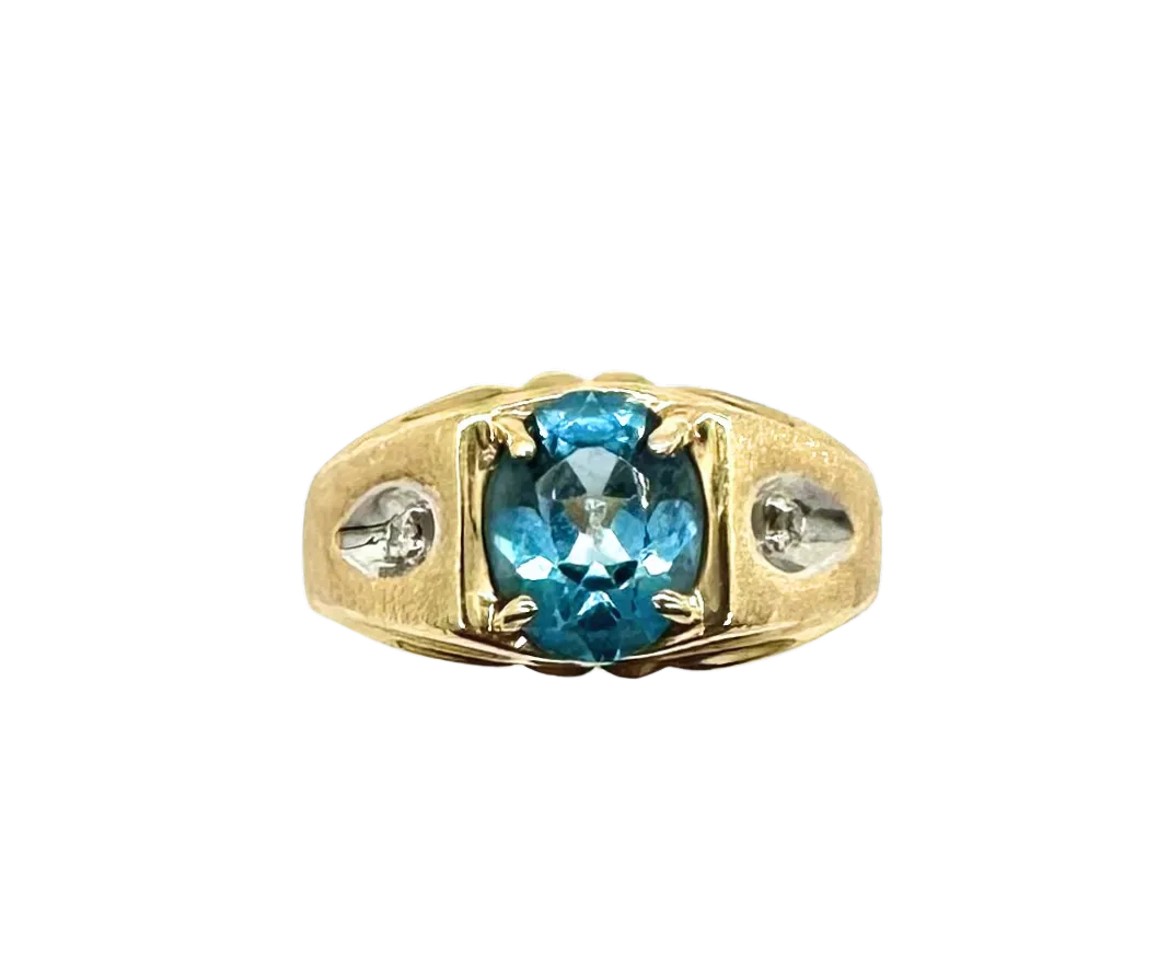 14k Yellow and White Gold Ring with Oval Blue Topaz and Diamond Accents