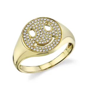 14K Yellow Gold Pave Diamond Smiley Signet Ring