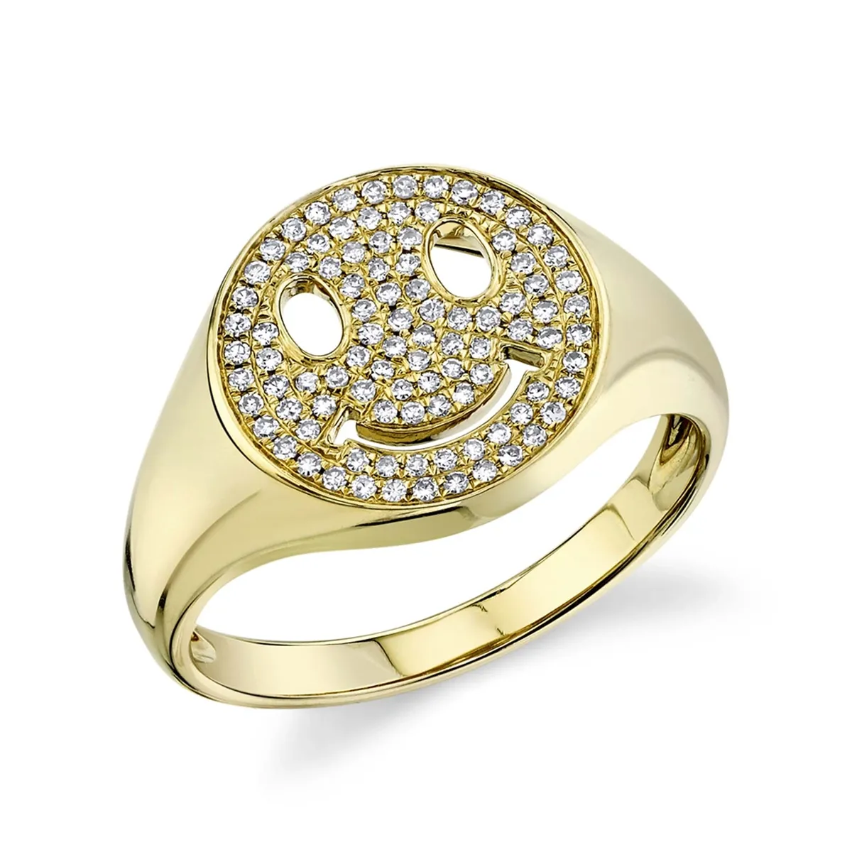 14K Yellow Gold Pave Diamond Smiley Signet Ring