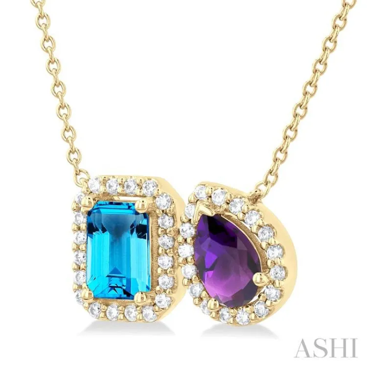 1/5 ctw Toi Et Moi 6X4 MM Emerald Cut Blue Topaz and Pear Cut Amethyst & Round Cut Diamond Halo Fashion Pendant With Chain in 14K Yellow Gold