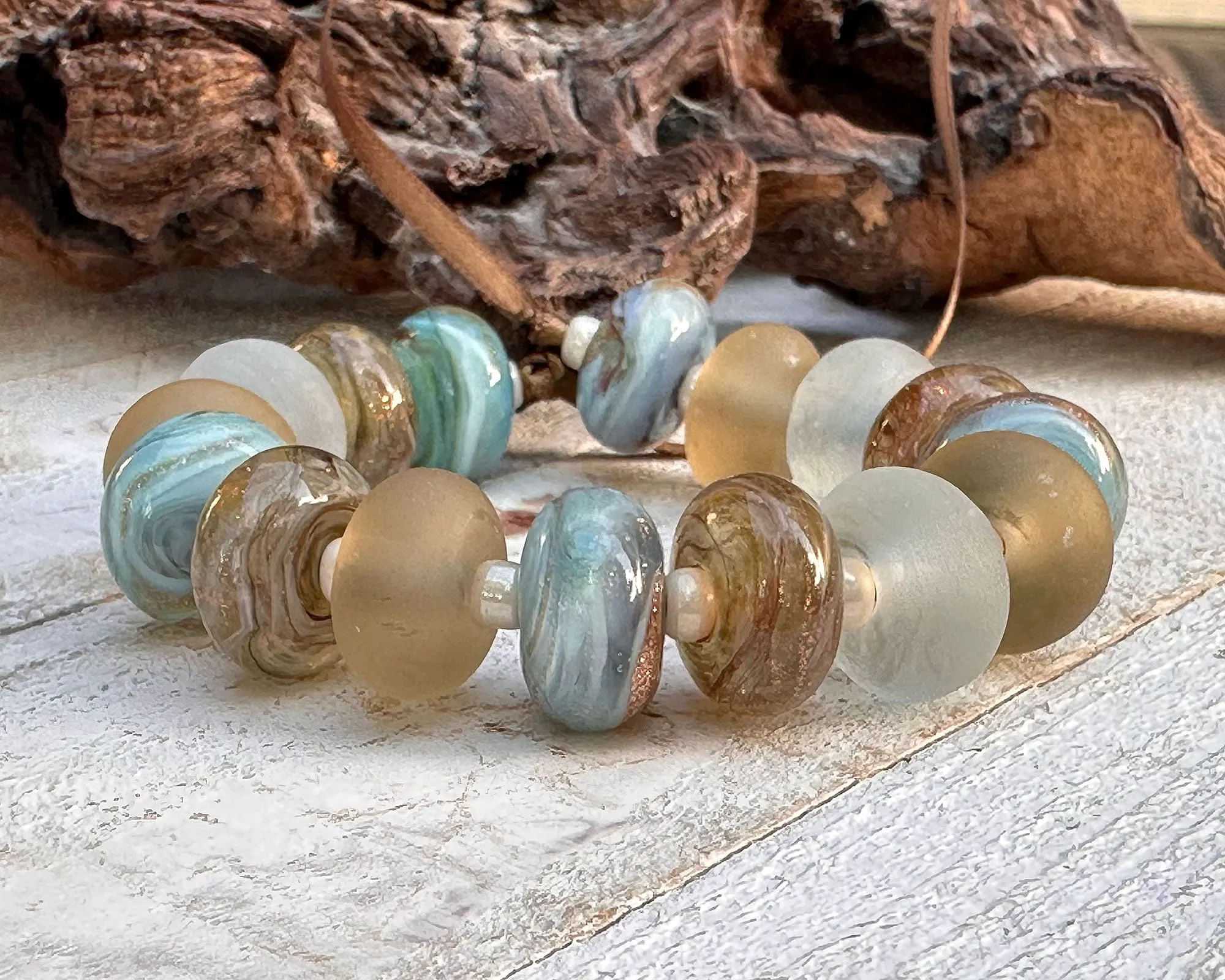 16 Aqua Topaz Swirl Lampwork Beads Set SRA