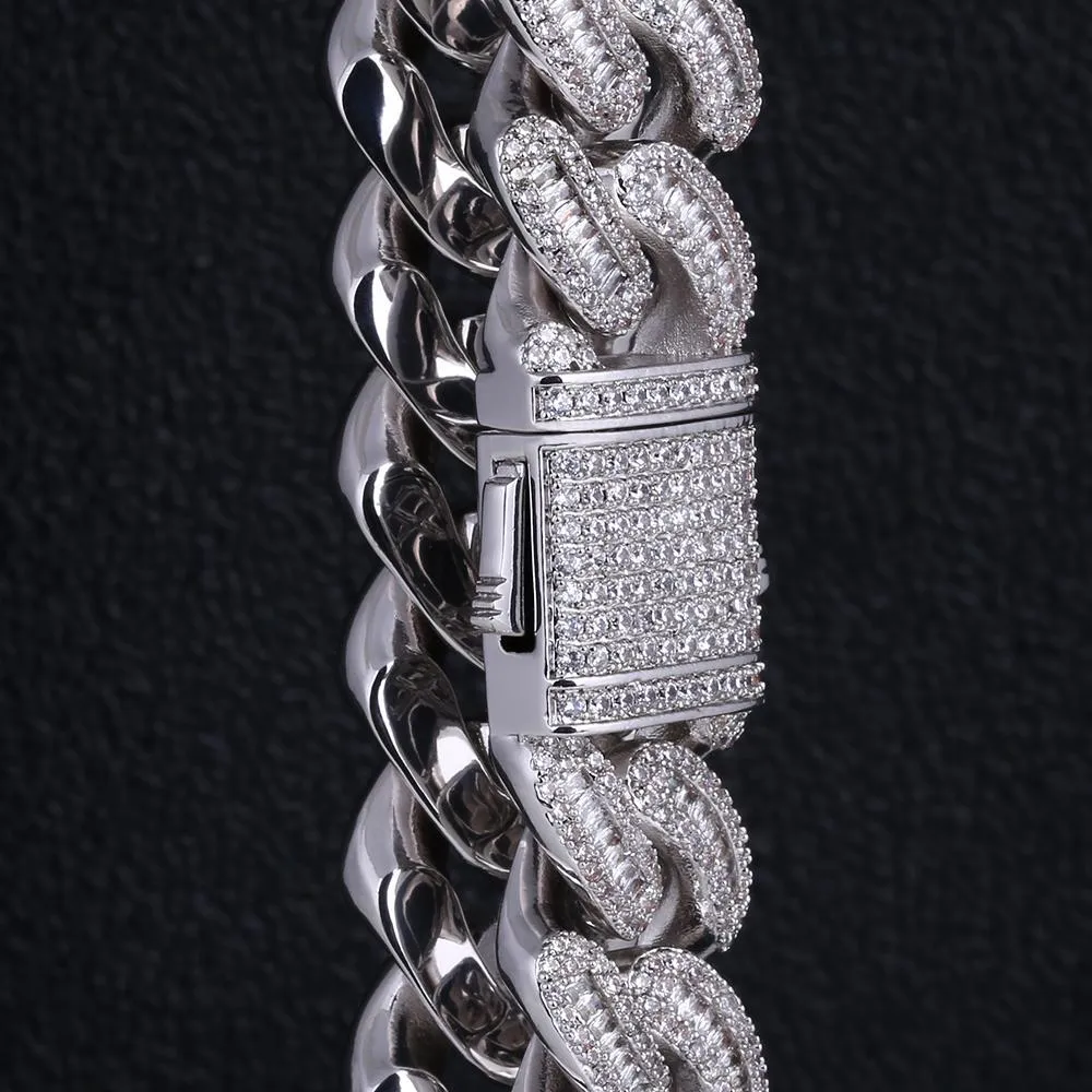 16mm Iced Out Baguette Cut Cuban Choker Chain in White Gold