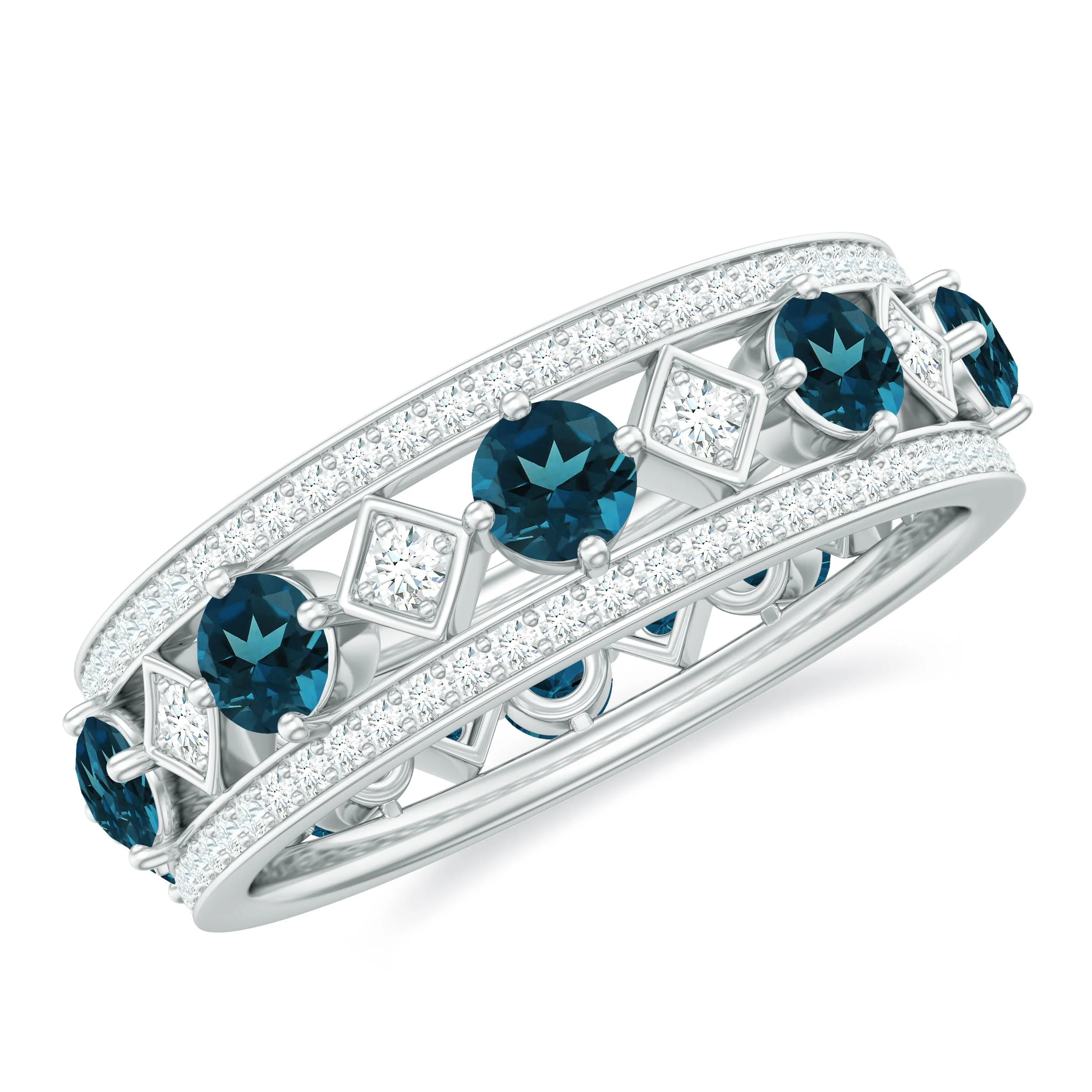 1.75 CT Vintage London Blue Topaz and Diamond Wedding Band