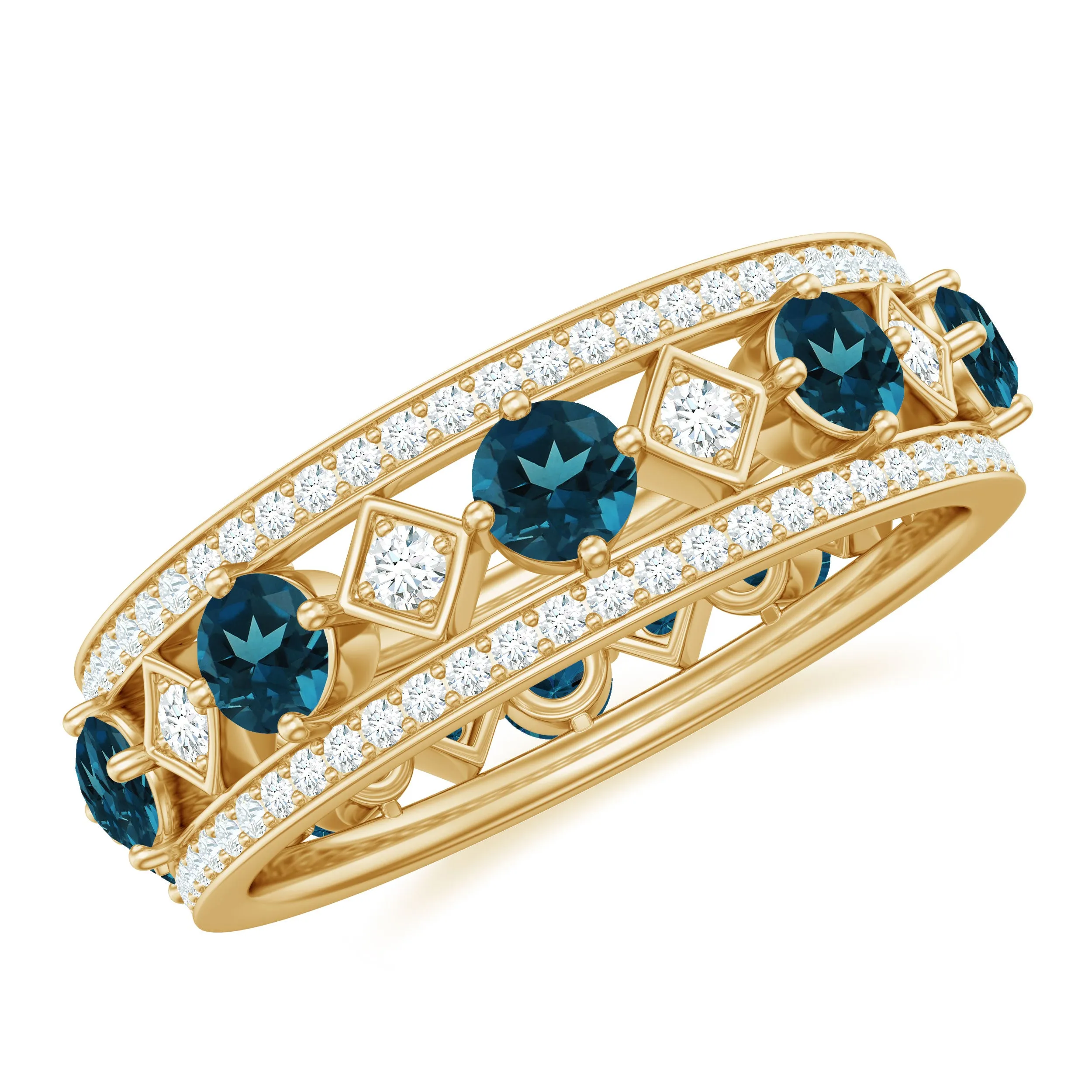 1.75 CT Vintage London Blue Topaz and Diamond Wedding Band