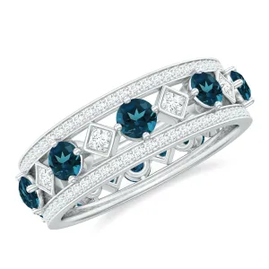 1.75 CT Vintage London Blue Topaz and Diamond Wedding Band