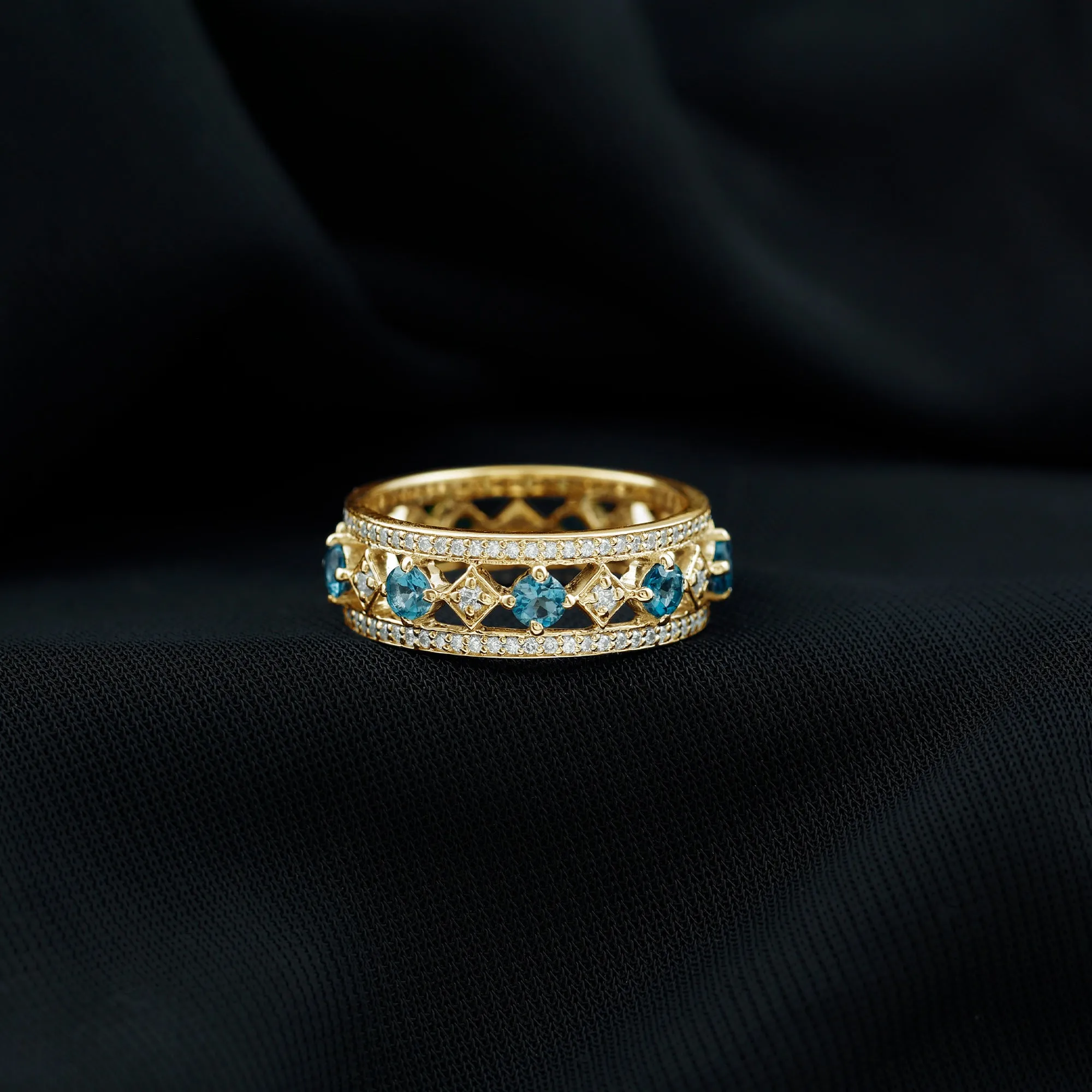 1.75 CT Vintage London Blue Topaz and Diamond Wedding Band