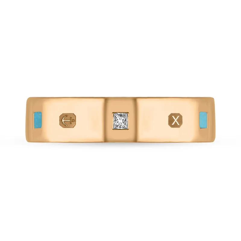 18ct Rose Gold Turquoise 0.12ct Diamond Queen's Jubilee Hallmark Princess Cut 5mm Ring