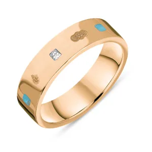 18ct Rose Gold Turquoise 0.12ct Diamond Queen's Jubilee Hallmark Princess Cut 5mm Ring