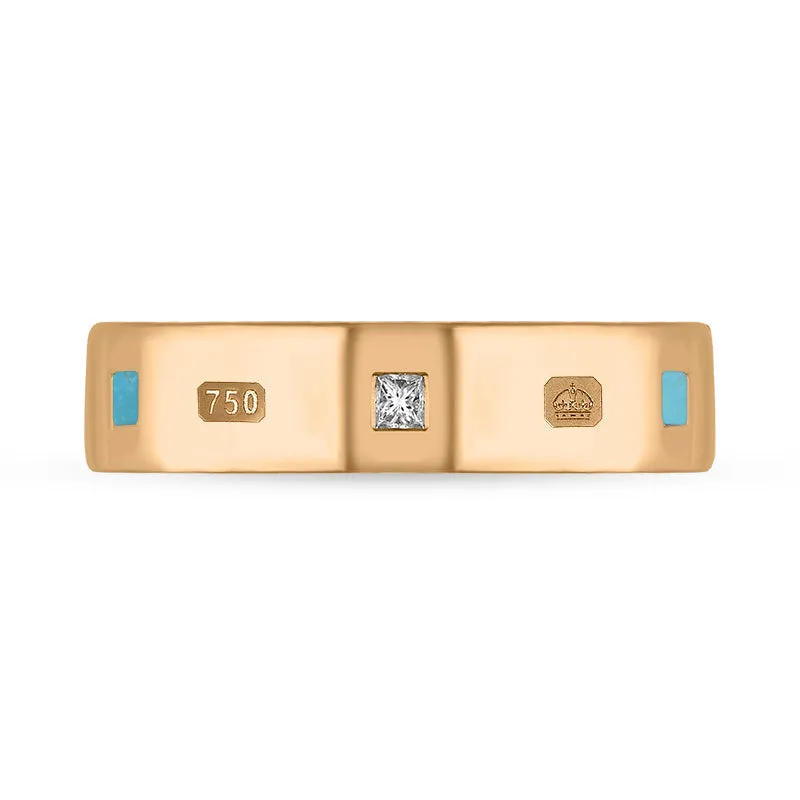 18ct Rose Gold Turquoise 0.12ct Diamond Queen's Jubilee Hallmark Princess Cut 5mm Ring