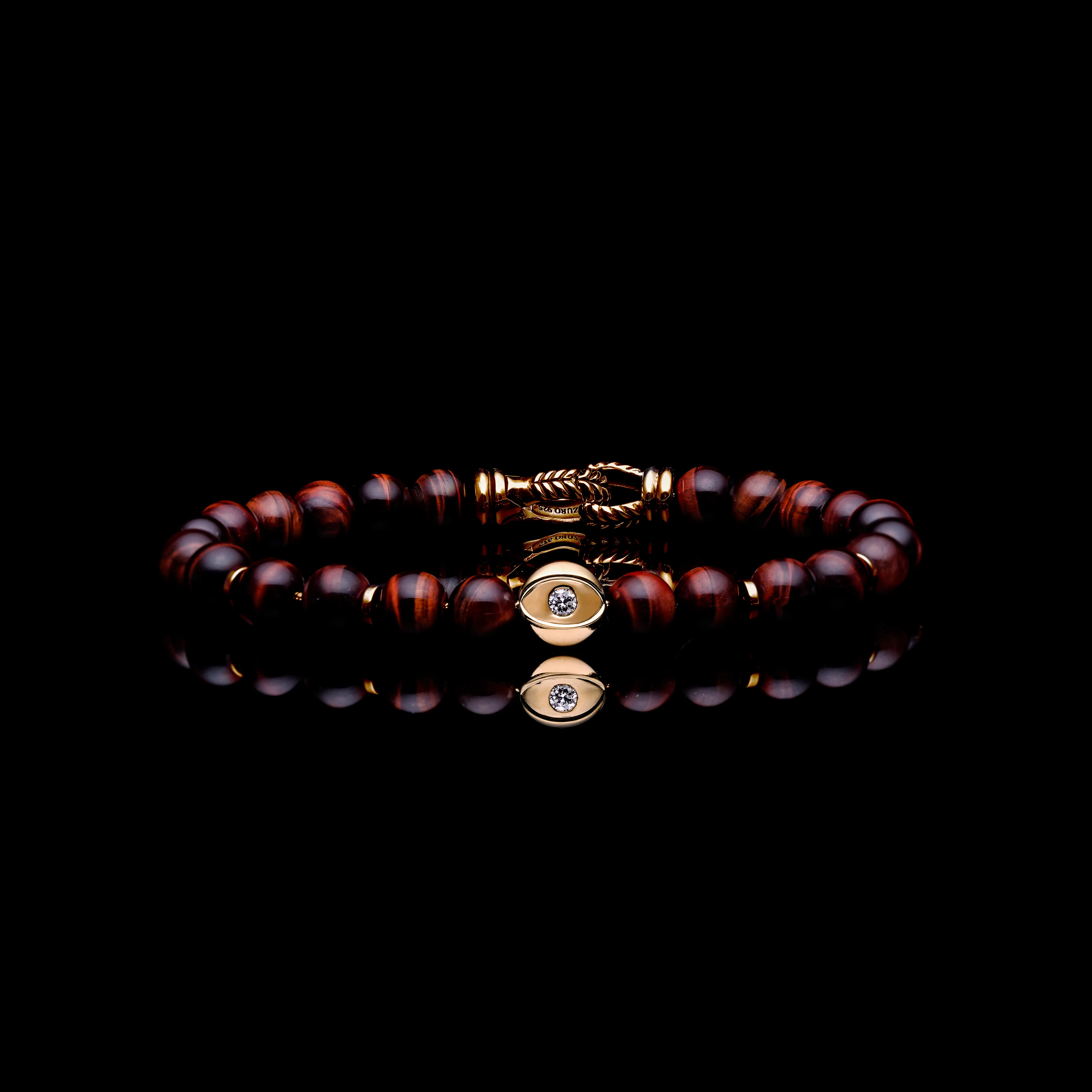 18k Gold Evil Eye Bracelet | Red Tiger Eye Beaded Bracelet In Laurel Clasp