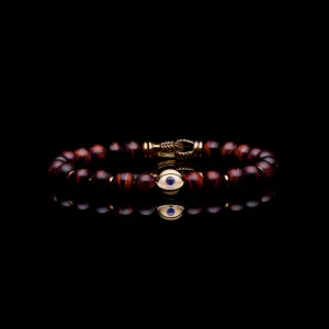 18k Gold Evil Eye Bracelet | Red Tiger Eye Beaded Bracelet In Laurel Clasp