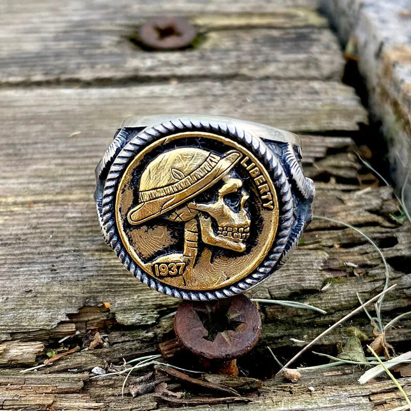 1937 Hobo Nickel Coin Sterling Silver Skull Ring