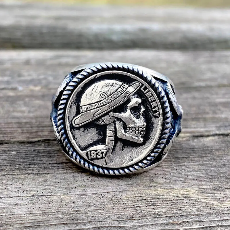 1937 Hobo Nickel Coin Sterling Silver Skull Ring