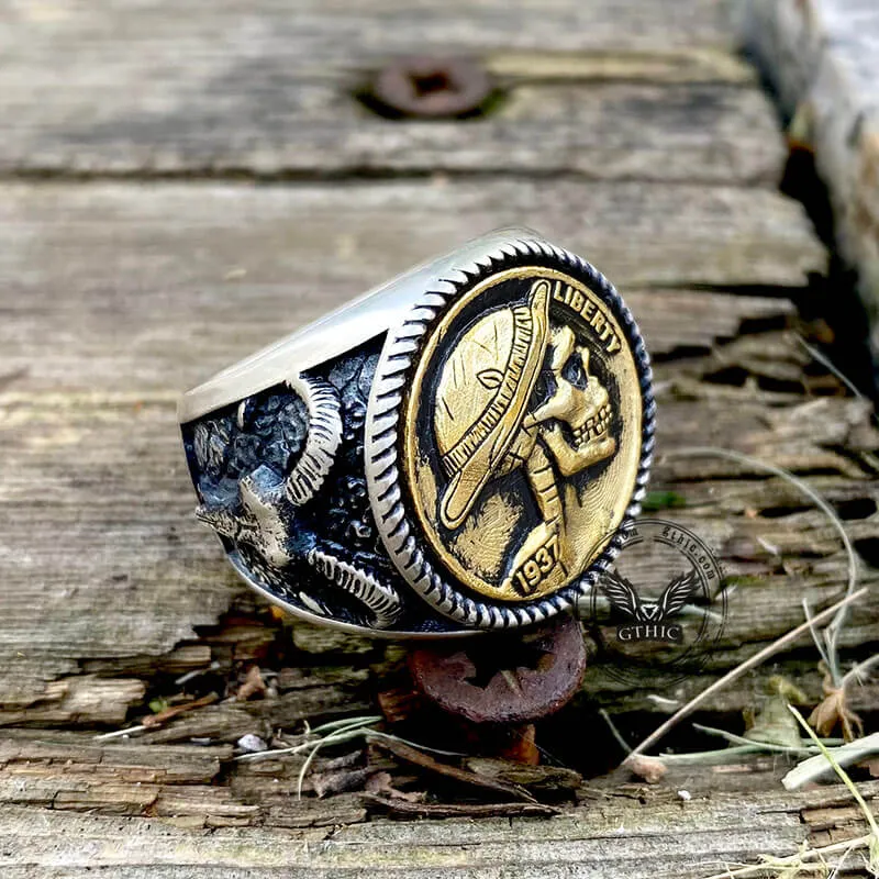 1937 Hobo Nickel Coin Sterling Silver Skull Ring