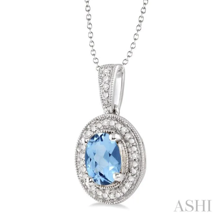 8x6 MM Oval Cut Blue Topaz and 1/20 Ctw Single Cut Diamond Pendant in Sterling Silver with Chain