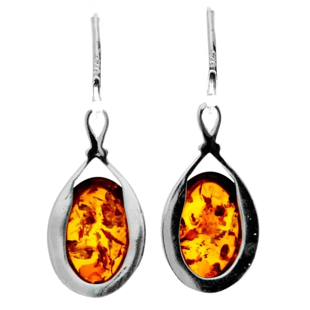 925 Sterling Silver & Genuine Baltic Amber Classic Drop Dangling Earrings - 8318