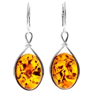 925 Sterling Silver & Genuine Baltic Amber Classic Drop Dangling Earrings - 8318