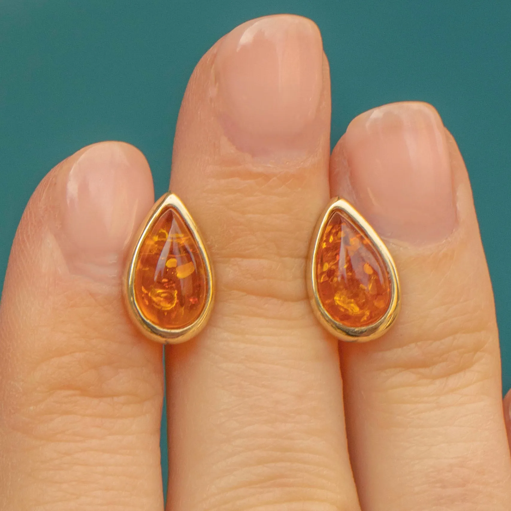 9ct Gold Amber Pear Stud Earrings