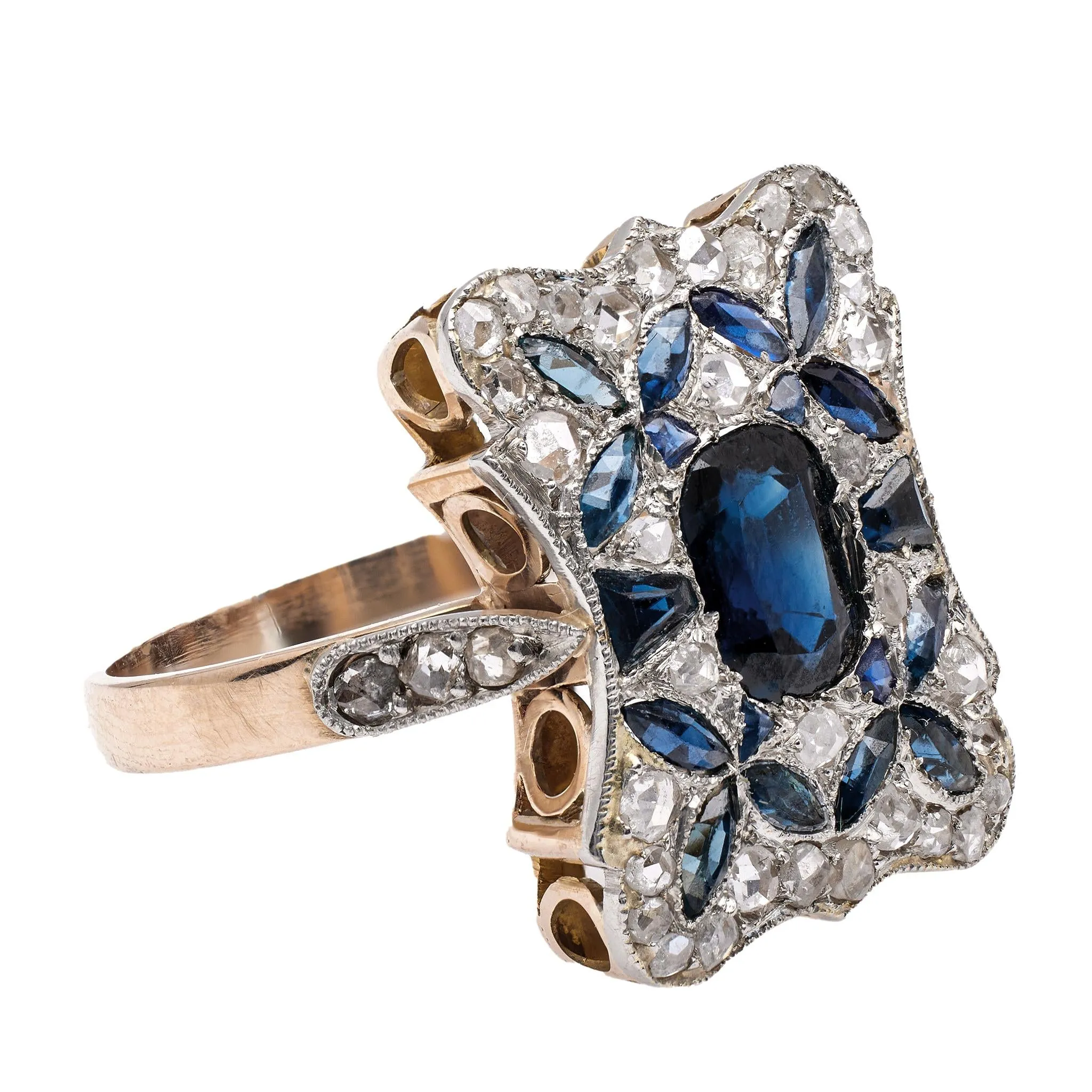 Art Deco Sapphire and Diamond Platinum 18k Rose Gold Dinner Ring