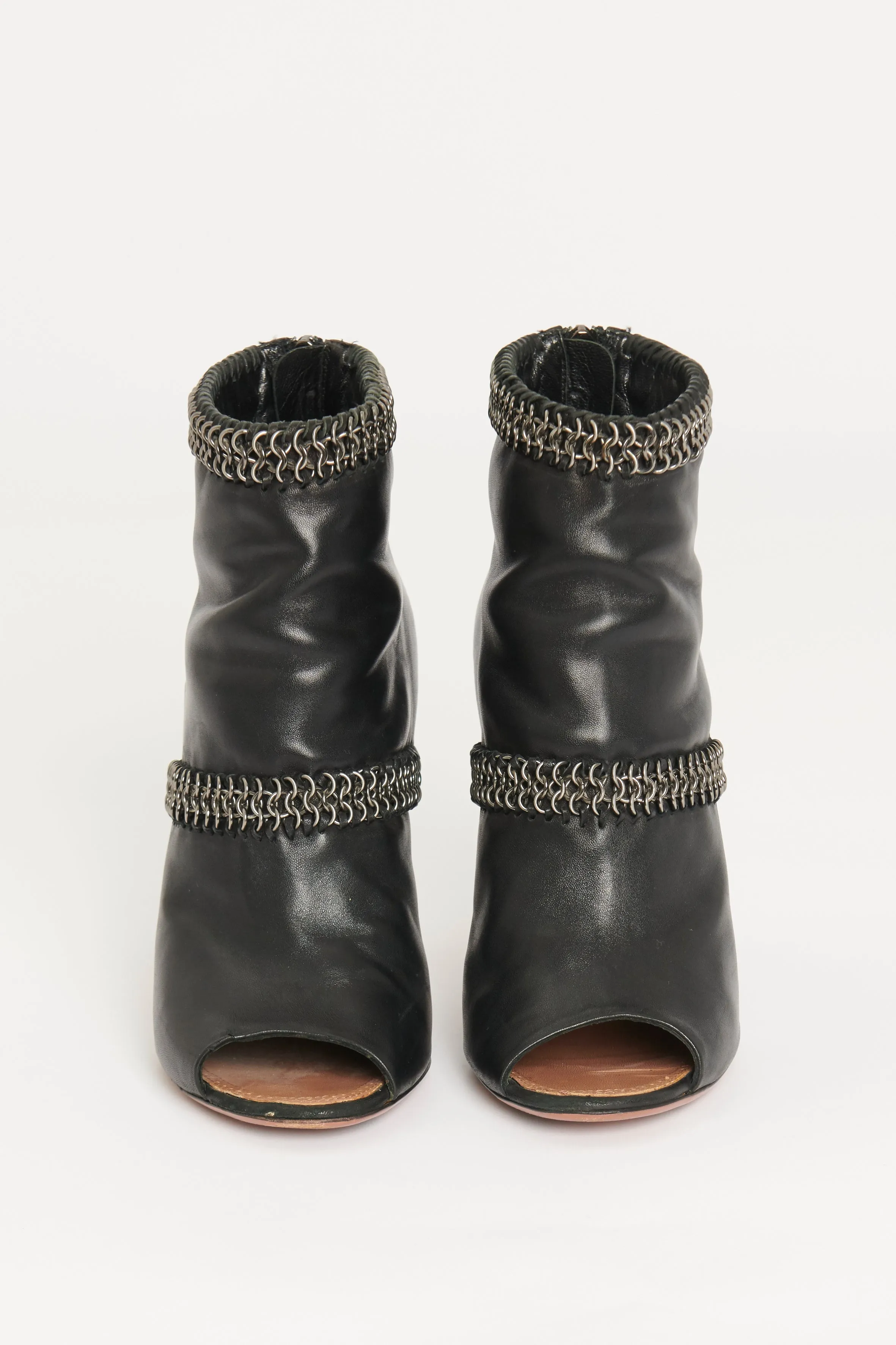 Black Leather Peep Toe Preowned Boots with Metal Rings