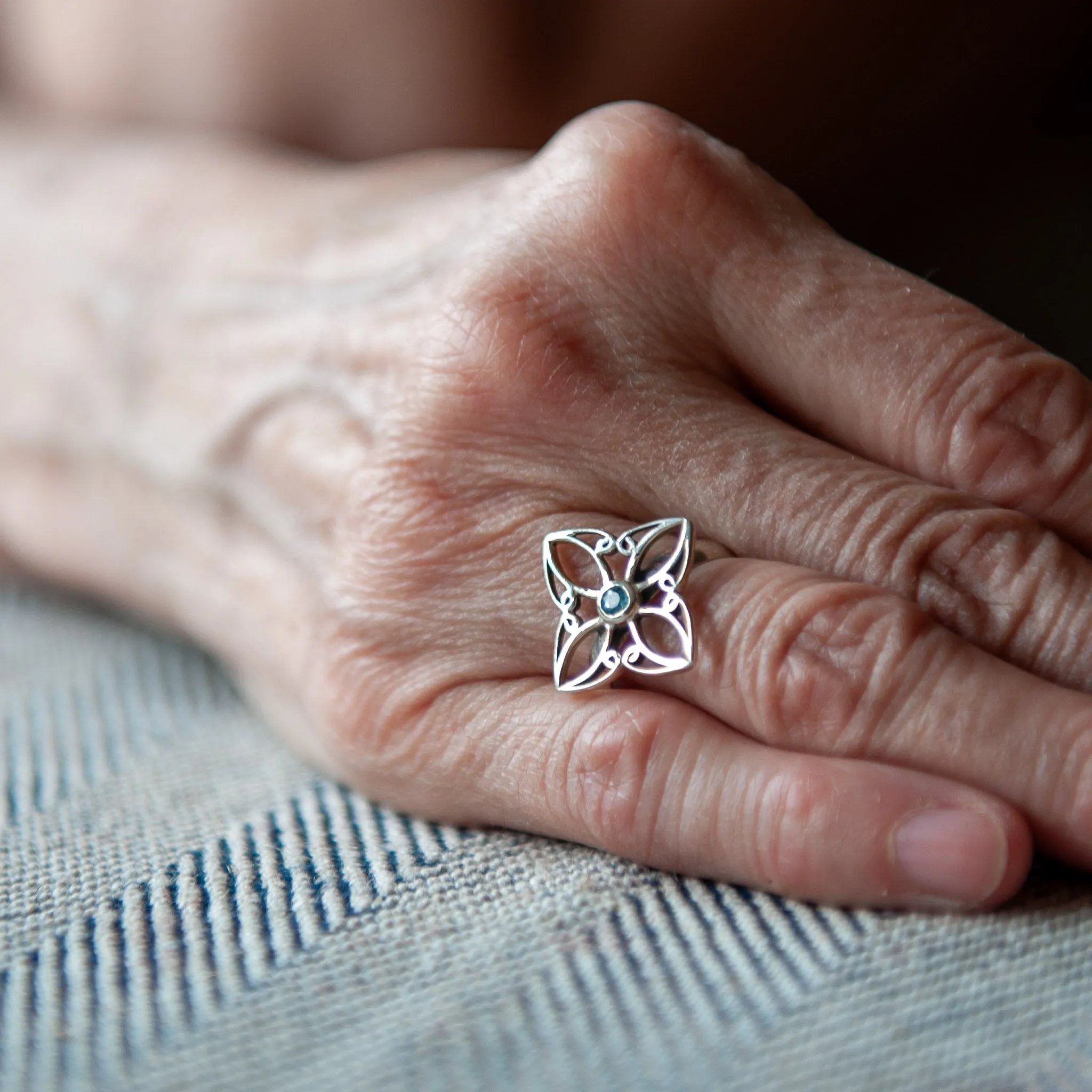 Blue Topaz Witch's Knot Silver Ring