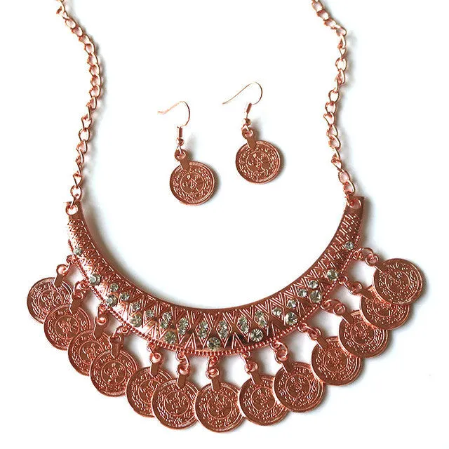 Carved Coins Bohemian Necklace and Earings Set --Antique Look