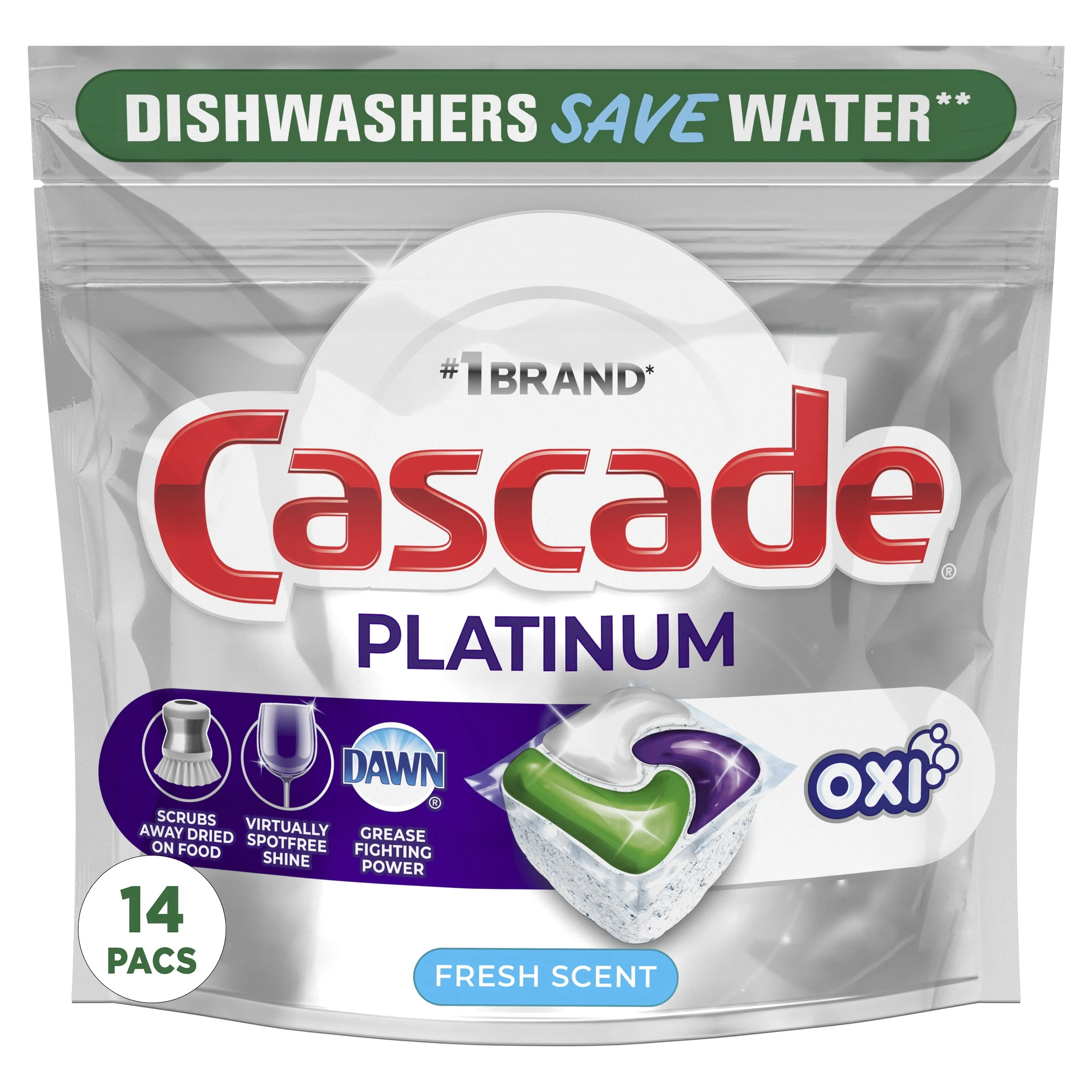 Cascade Platinum   Oxi Dishwasher Pods, Action Pacs Dishwasher Detergent Pods, Fresh Scent, 14 Ct