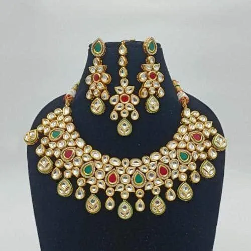 Drop Ad Kundan Necklace Earring And Teeka Set