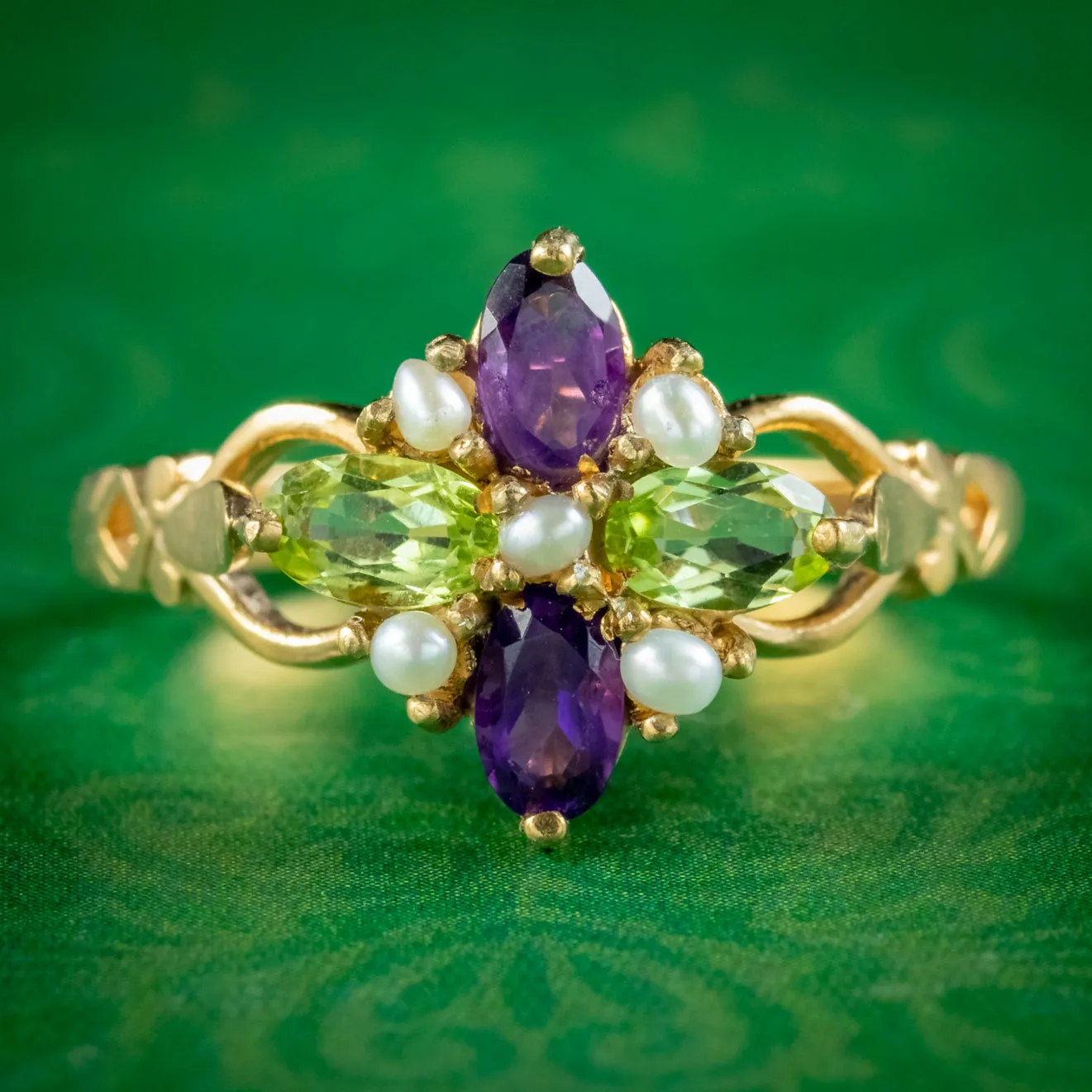 Edwardian Suffragette Style Cluster Ring Pearl Peridot Amethyst