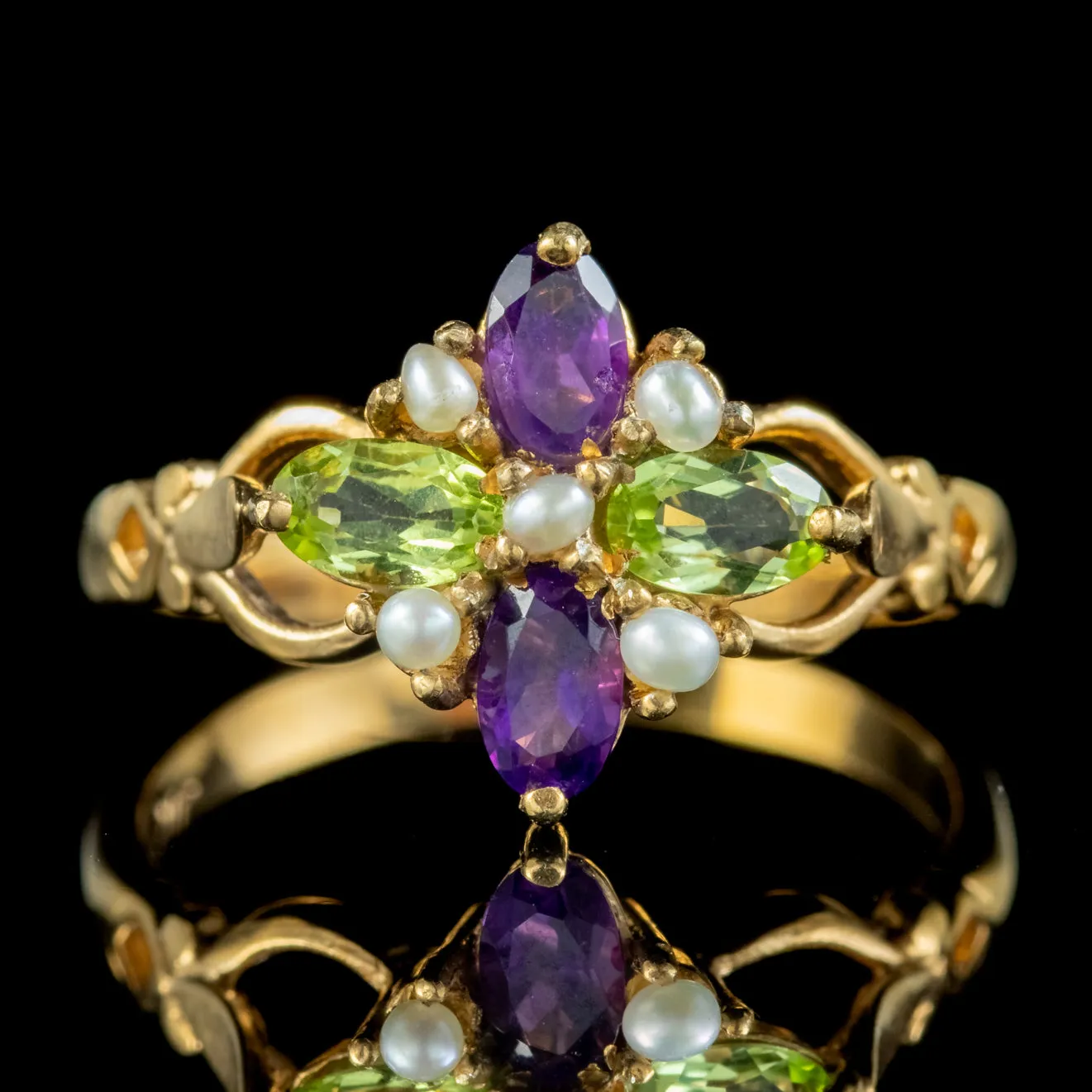 Edwardian Suffragette Style Cluster Ring Pearl Peridot Amethyst