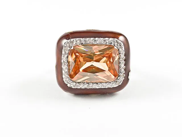 Elegant Unique Topaz Rectangular Brown Coated Brass Ring