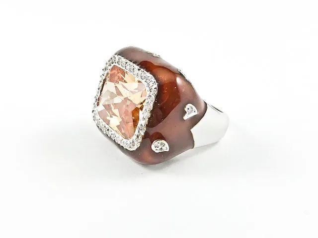 Elegant Unique Topaz Rectangular Brown Coated Brass Ring