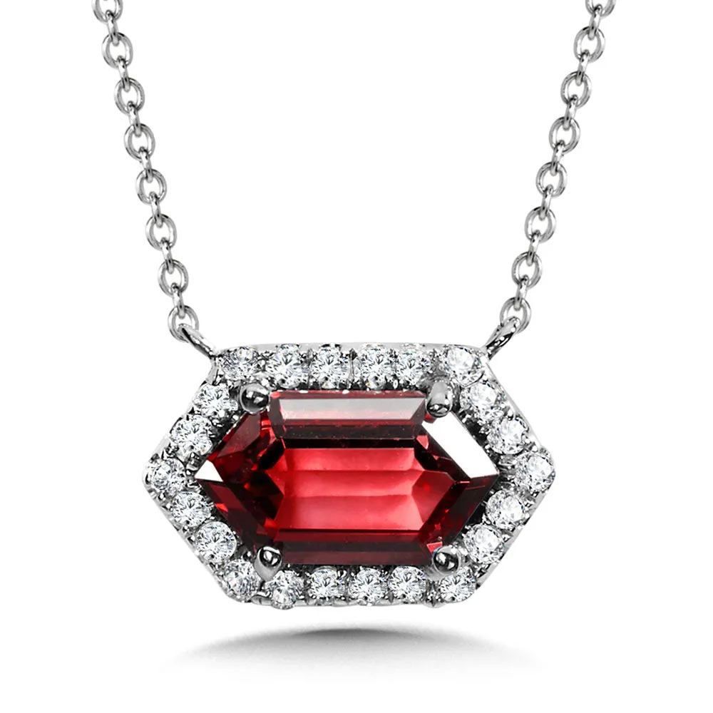 Elongated Hexagon-Cut Garnet & Diamond Halo Necklace