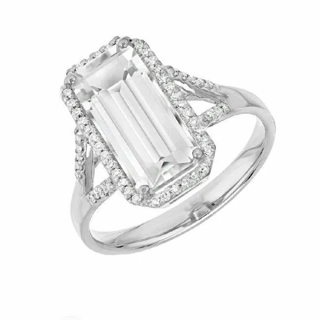 Emerald Cut Split Shank White Topaz Ring