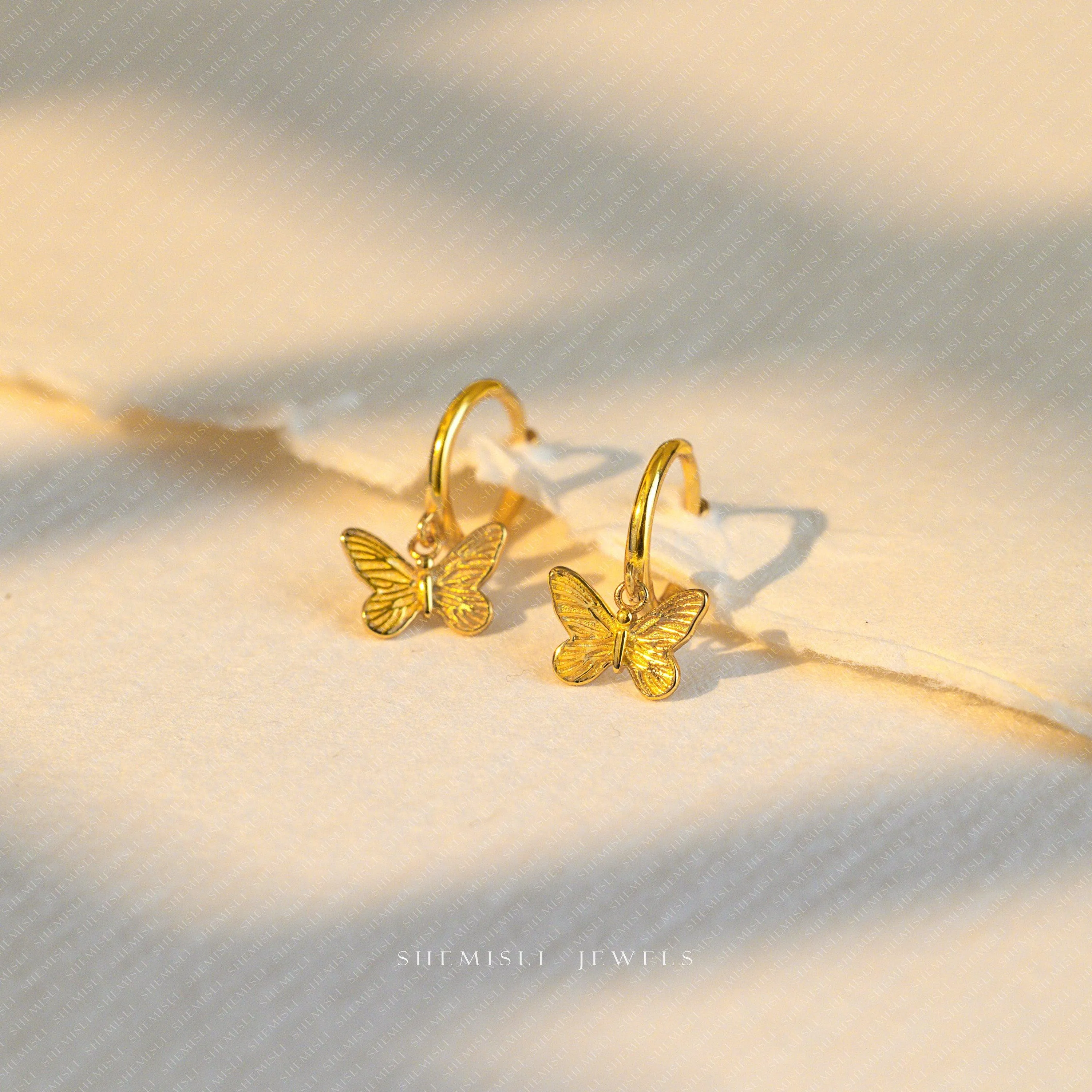 Engraved Small Butterfly Dangle Hoop Earrings, Dainty Drop Huggies, Gold, Silver SHEMISLI SH494