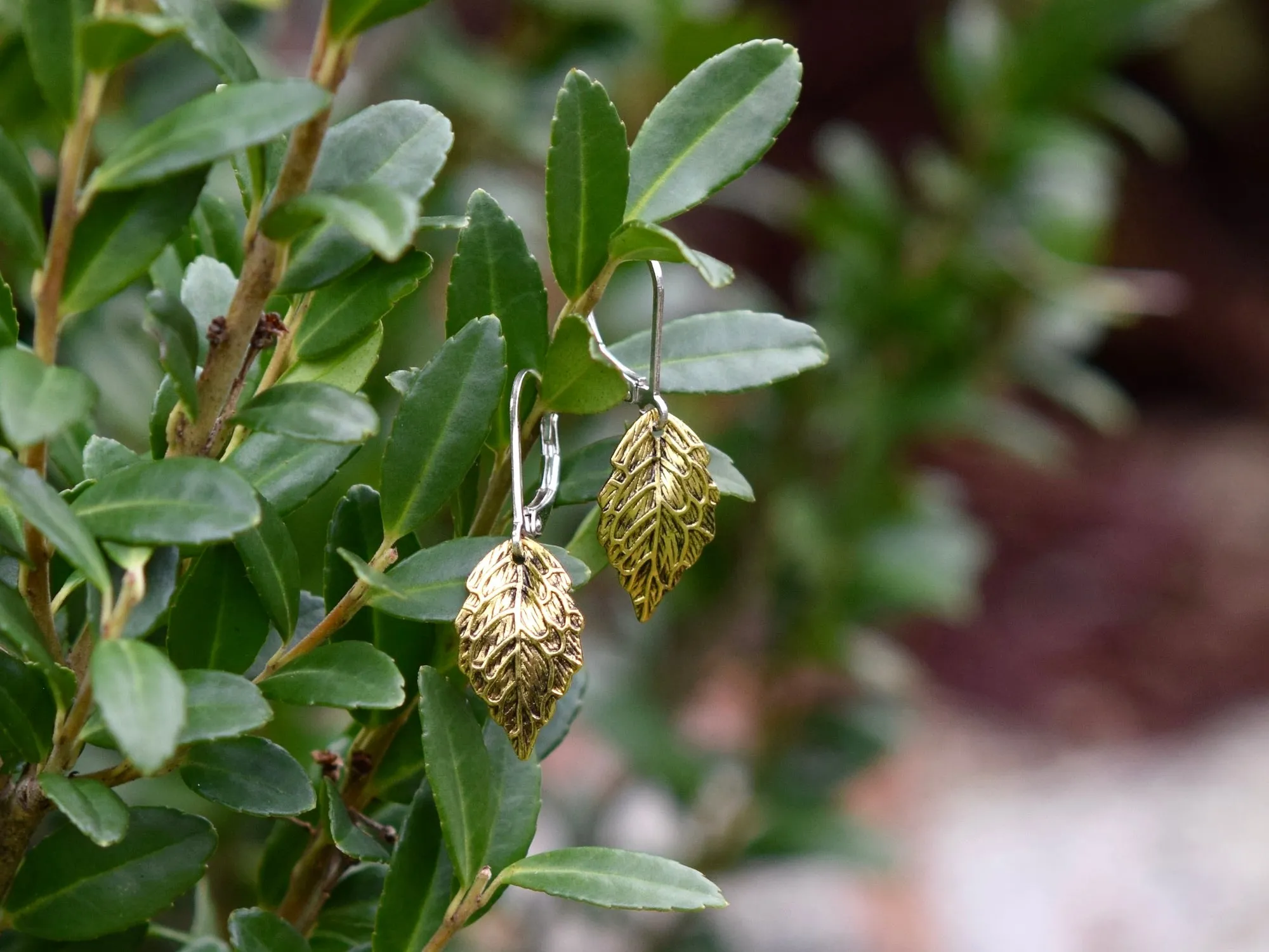 Gold Leaf Drop Earrings, Gold & Silver Two Toned, Antique Finish