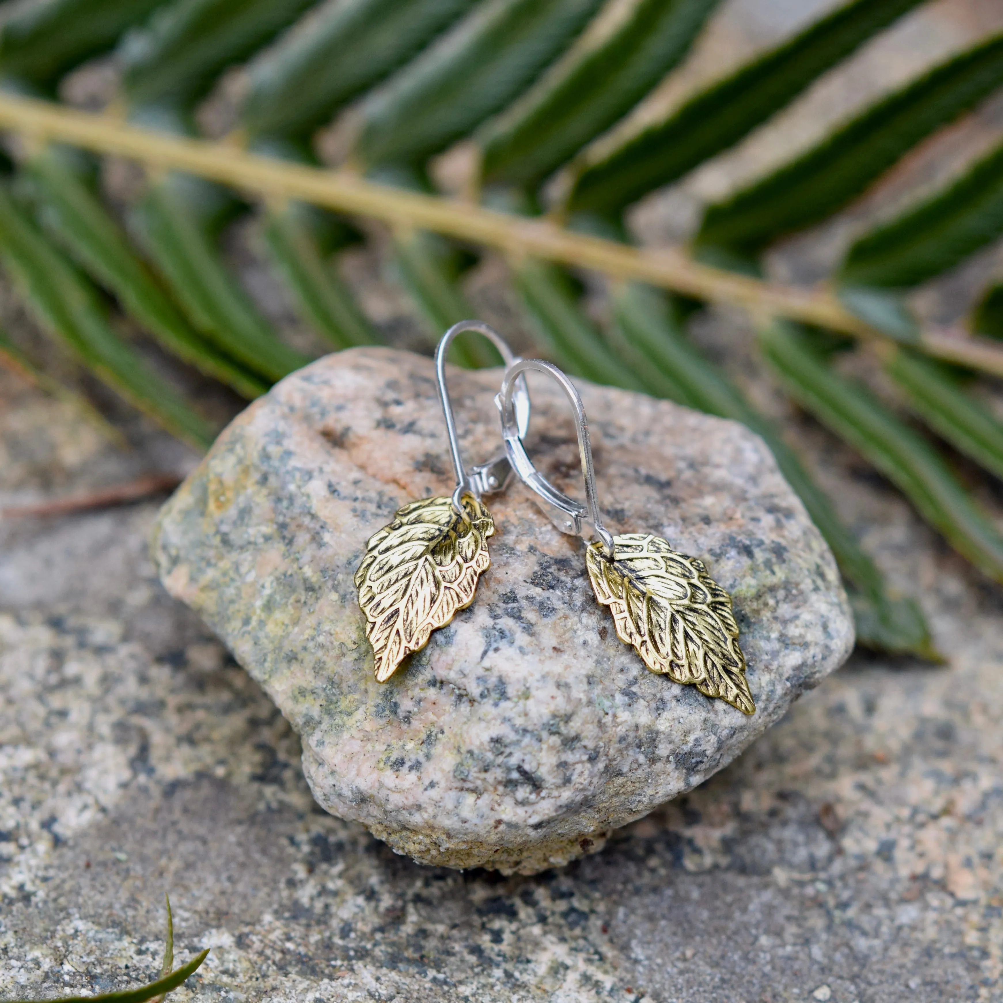 Gold Leaf Drop Earrings, Gold & Silver Two Toned, Antique Finish