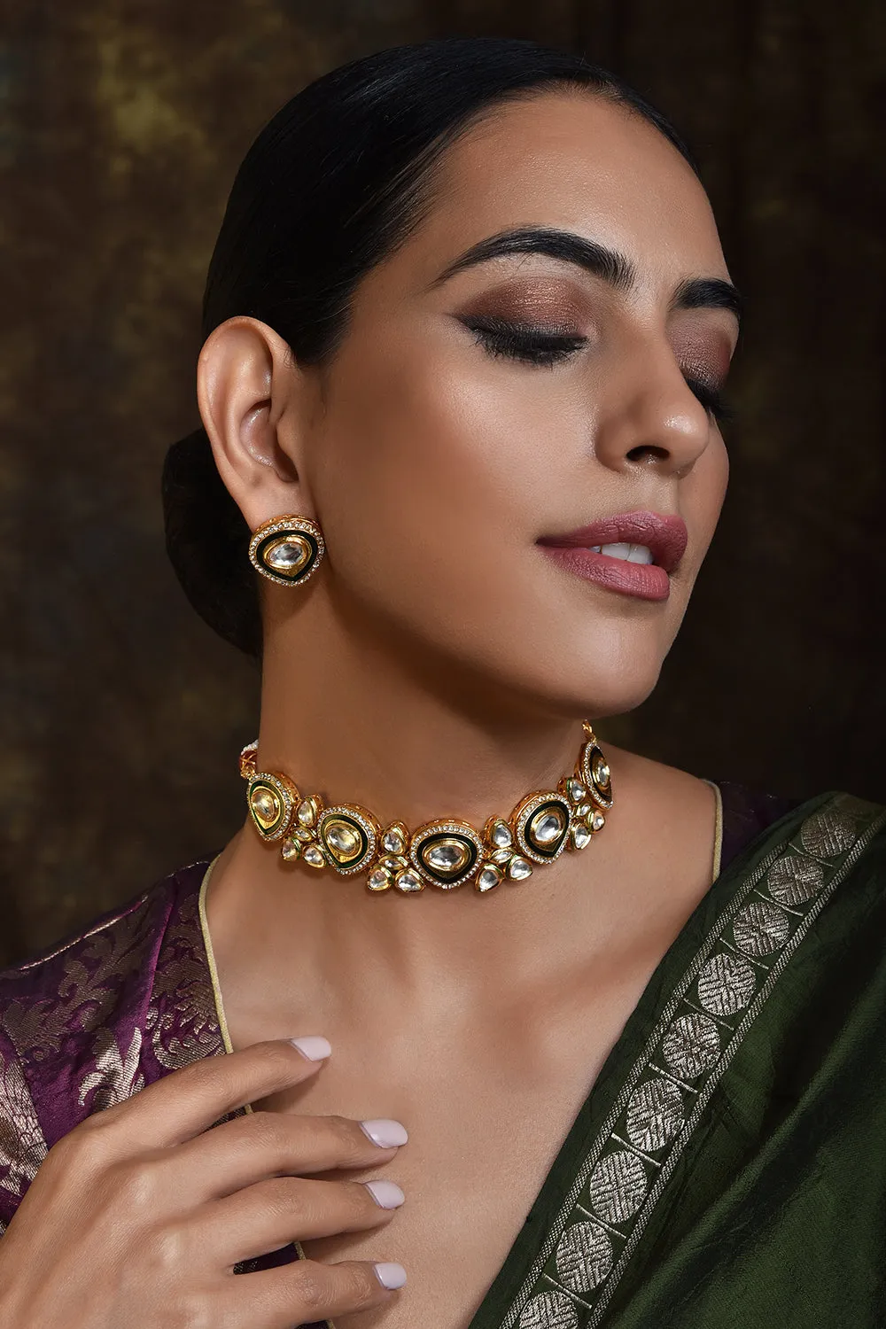 Green Gold Tone Kundan Choker Necklace Set