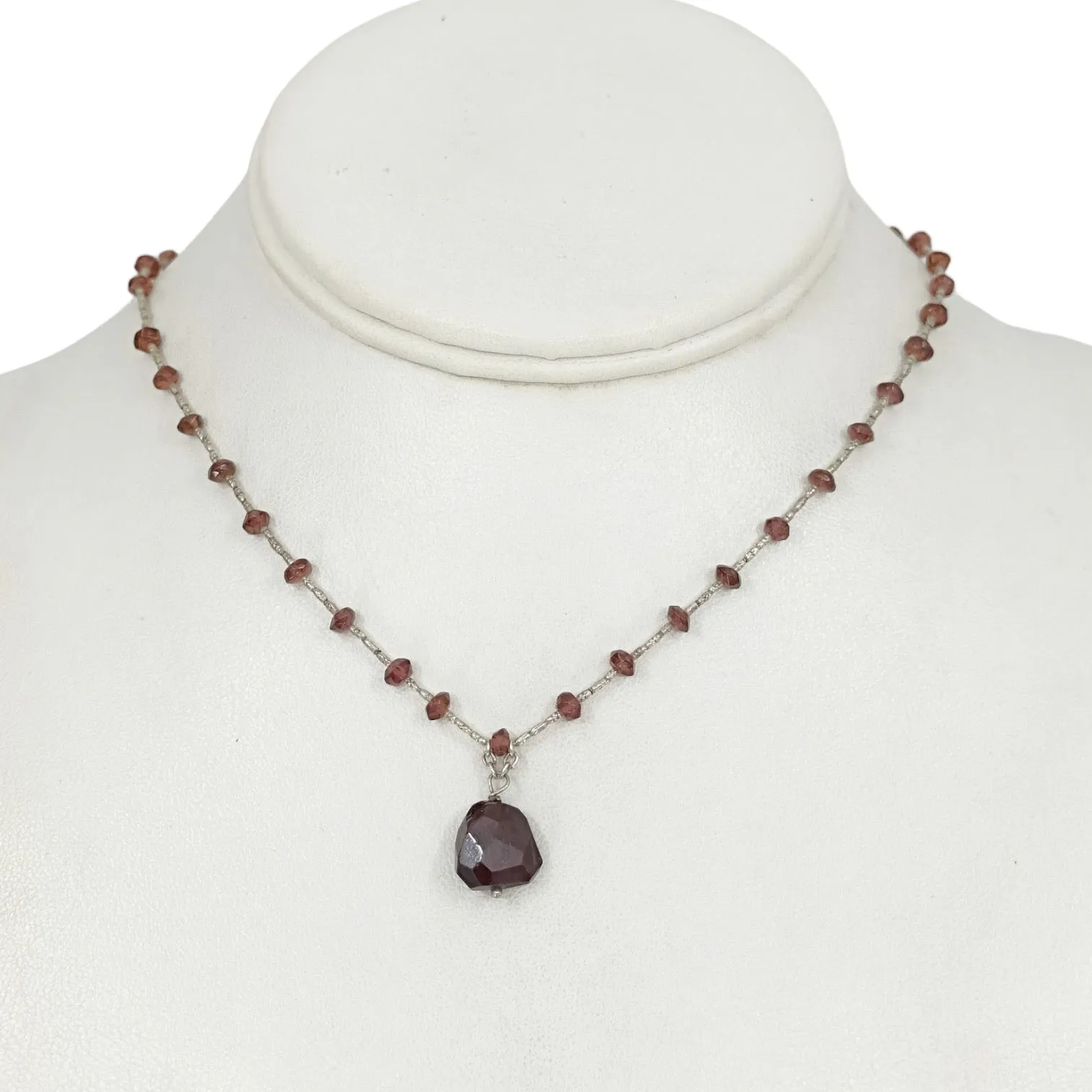 Hand Made sterling silver garnet bead necklace