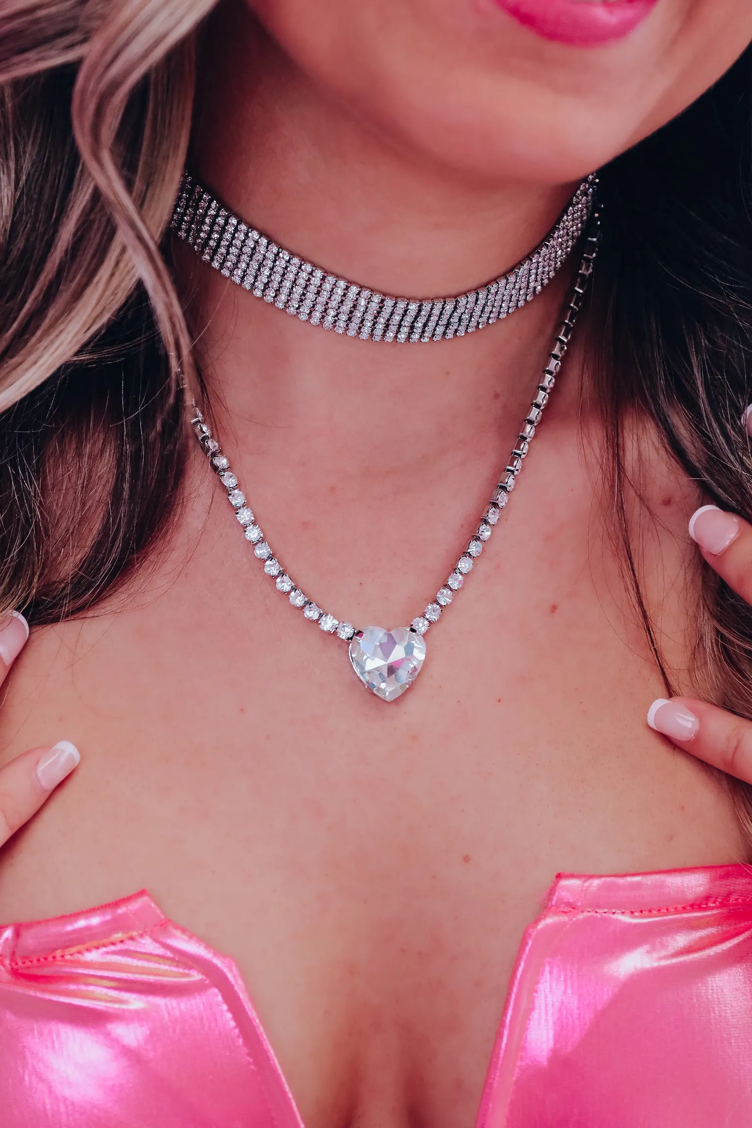 Heart Bejeweled Dual Choker Set - Silver/Clear