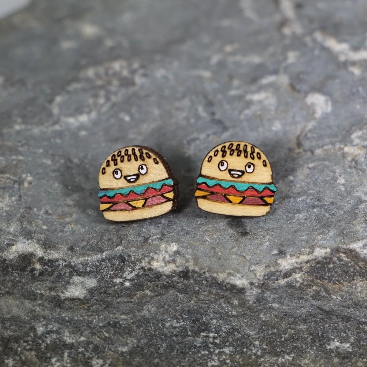 Kawaii Cheeseburger Wooden Earrings by Cate's Concepts, LLC