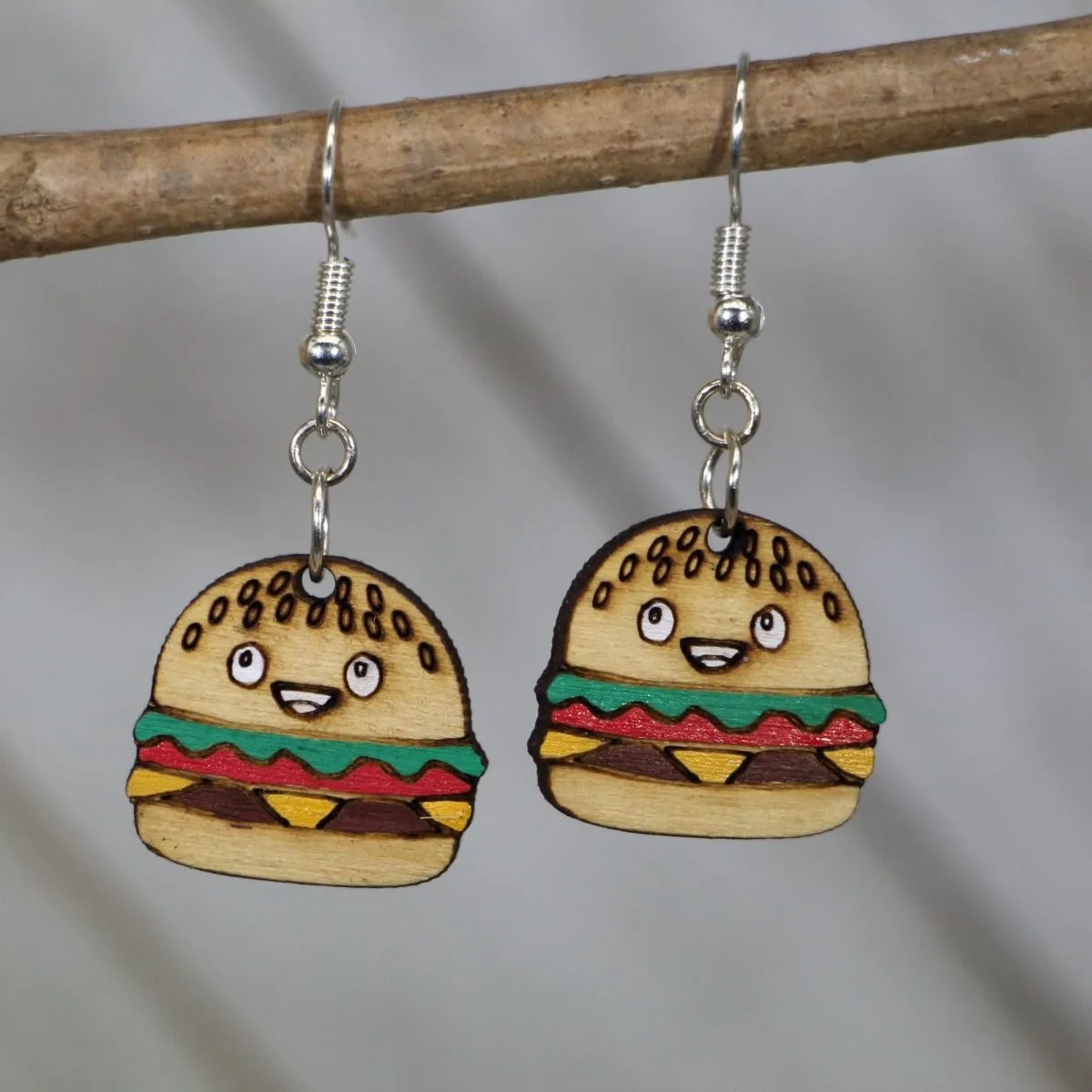 Kawaii Cheeseburger Wooden Earrings by Cate's Concepts, LLC