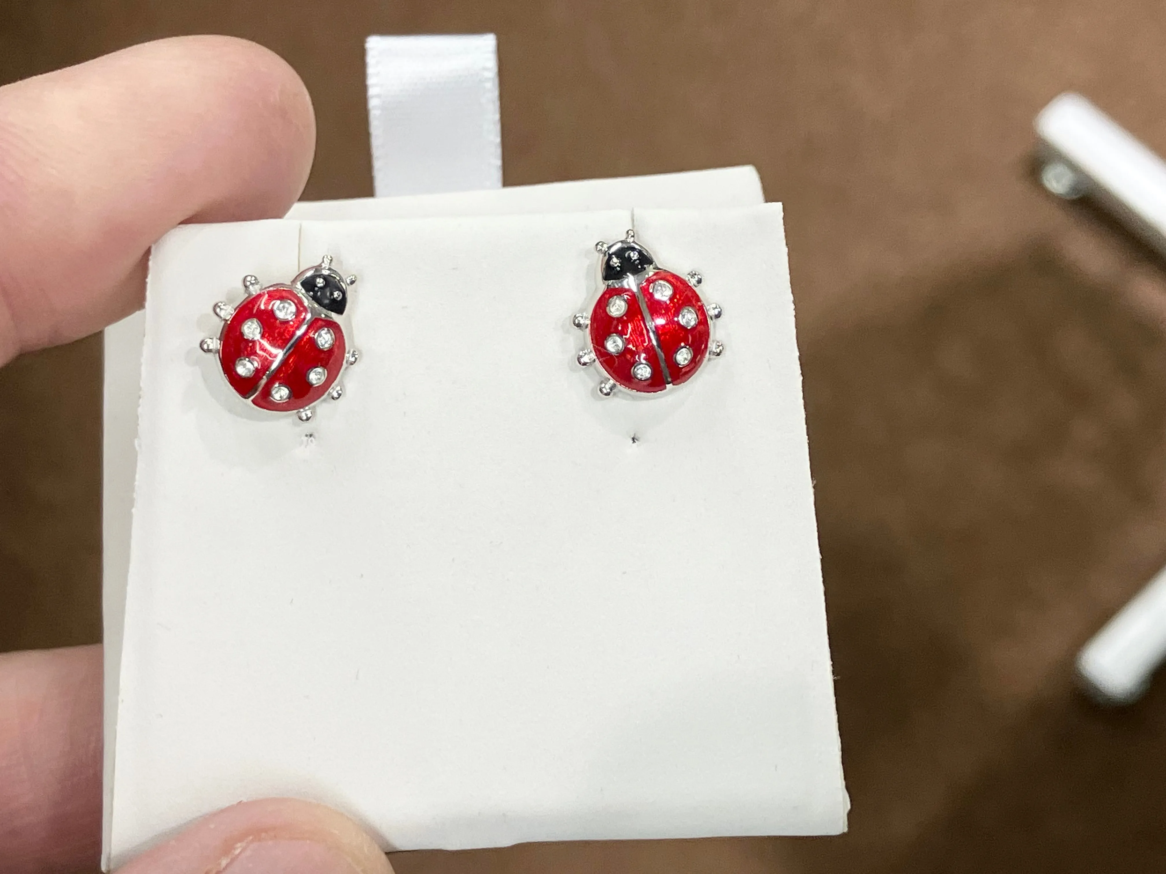 Lady Bug Silver White Sapphire Earrings