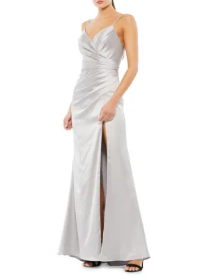 Mac Duggal Satin Split Draped Dress in Platinum