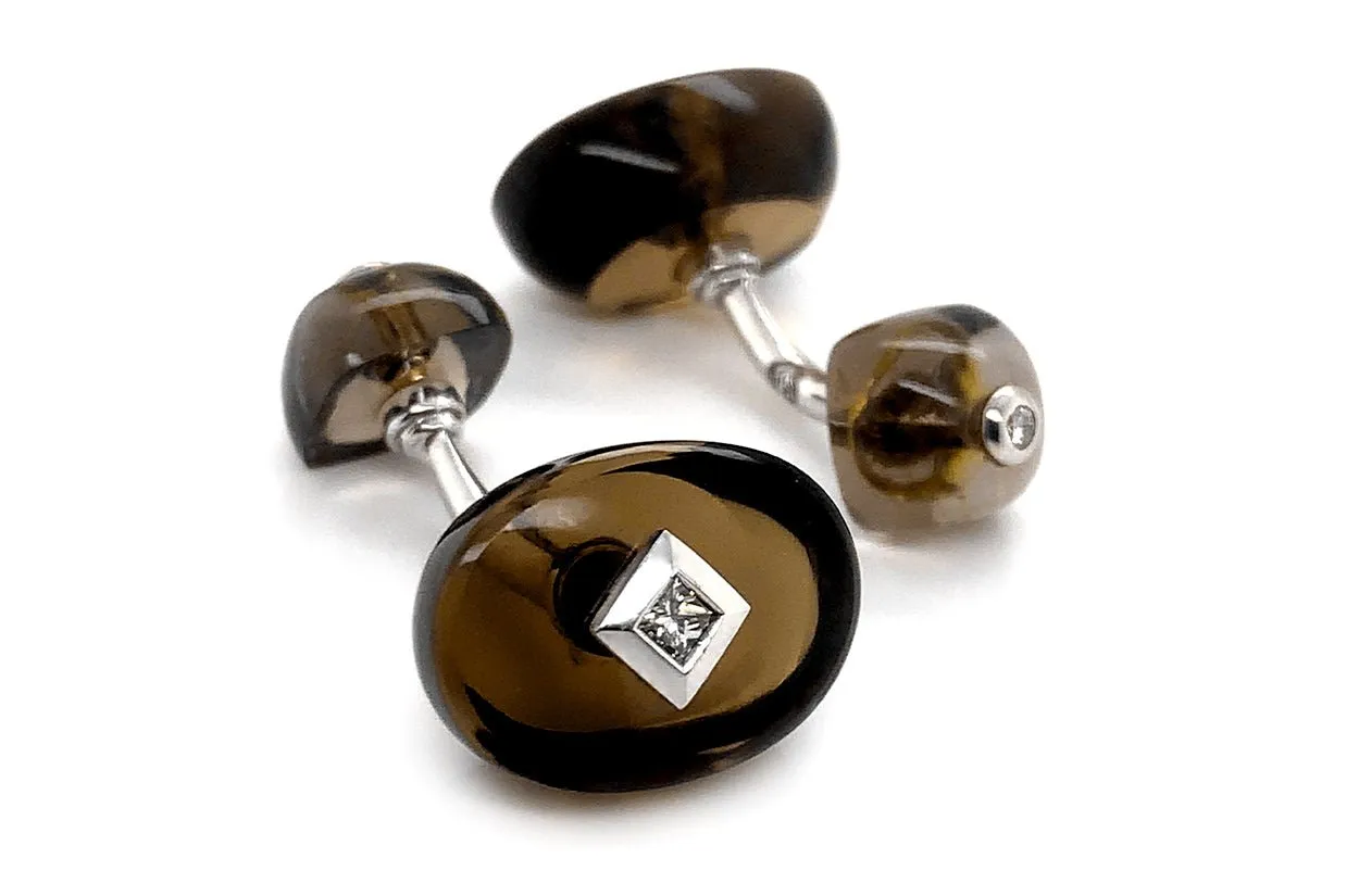 Men's 18kt Gold Oval Smoky Topaz & Carre Diamonds Cufflinks