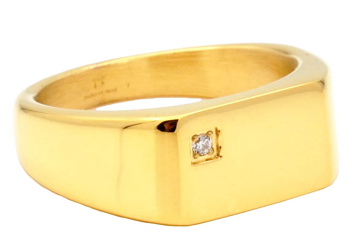 Mens Gold Plated Stainless Steel Signet Ring With Cubic Zirconia