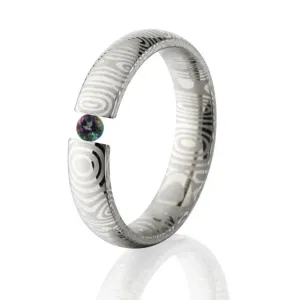 Mystic Topaz, Damascus Steel, Tension Set Ring