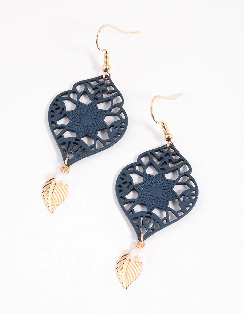 Navy Ornate Pearl & Leaf Drop Earrings